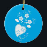 Saudade means I miss you Portuguese heart Ceramic Tree Decoration<br><div class="desc">This blue Portuguese folk romantic heart with flowers is inspired by the old Portuguese girly tradition of sewing and embroidering handkerchiefs for their boyfriends or potential boyfriends with hearts and flowers. It's perfect for Valentine’s Day but also for all occasions when you want to celebrate love, romantic love, and maybe...</div>