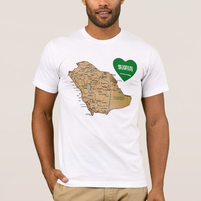 Saudi Arabia Flag Heart and Map T-Shirt (Front)