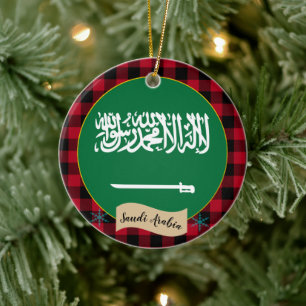 Saudi Arabia, Red buffalo plaid & Saudi Flag Ceramic Tree Decoration