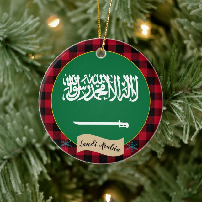 Saudi Arabia, Red buffalo plaid & Saudi Flag Ceramic Tree Decoration (Tree)
