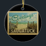 Saugatuck Beach Vintage Travel Ceramic Tree Decoration<br><div class="desc">This Greetings From Saugatuck vintage postcard design features a sandy beach with a beautiful turquoise ocean water and above the sea,  a blue sky with billowy white clouds. In vintage travels style.</div>