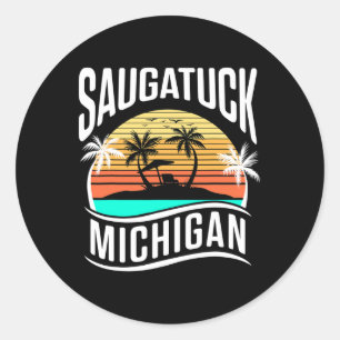 Saugatuck Michigan Usa Vintage Sunset Vacation Sou Classic Round Sticker