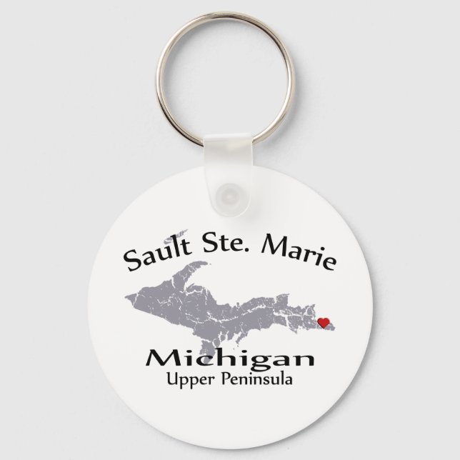 Sault Ste Marie Michigan Heart Map Design Keychain (Front)