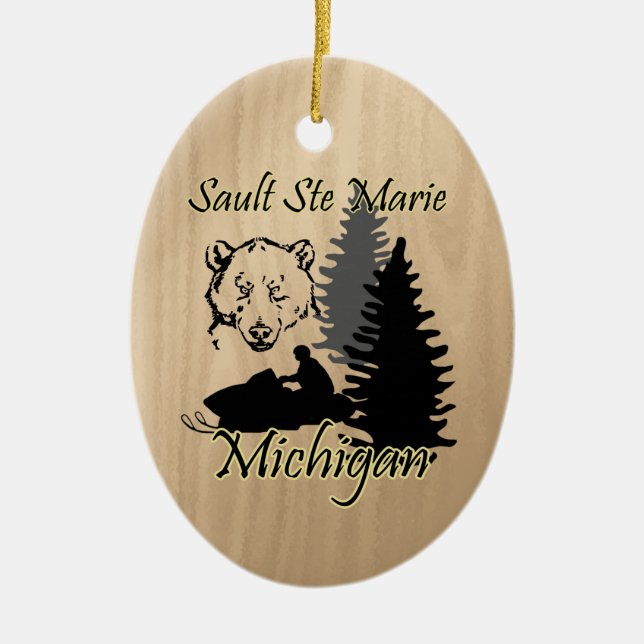 Sault Ste Marie Michigan Snowmobile Bear Ceramic Tree Decoration (Front)