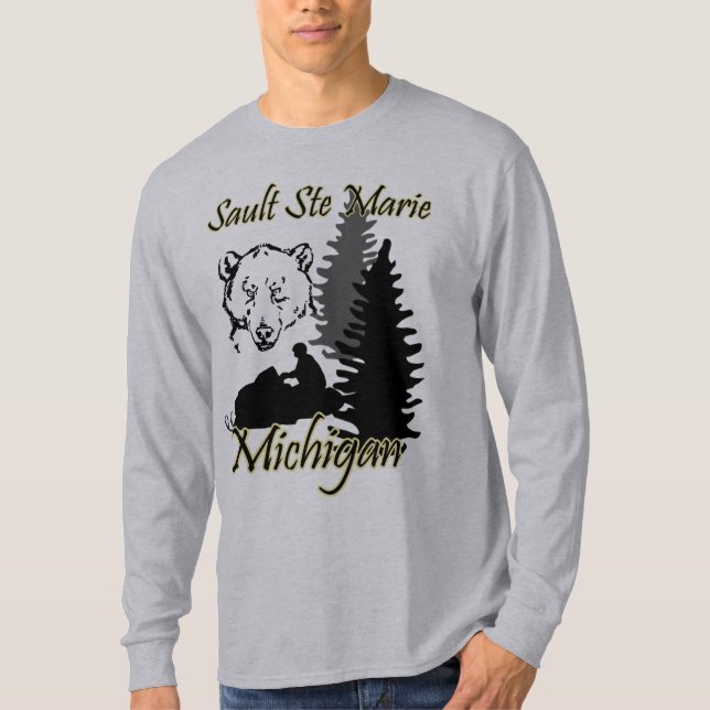 Sault Ste Marie Michigan Snowmobile Bear Grey T-Shirt (Front)