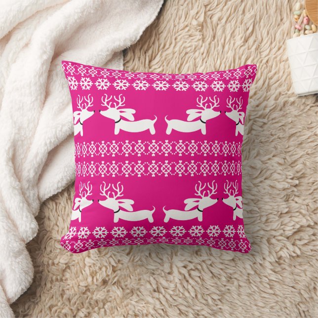  Sausage Dog Fair Isle Holiday Doxie Decor Pink  Cushion (Blanket)