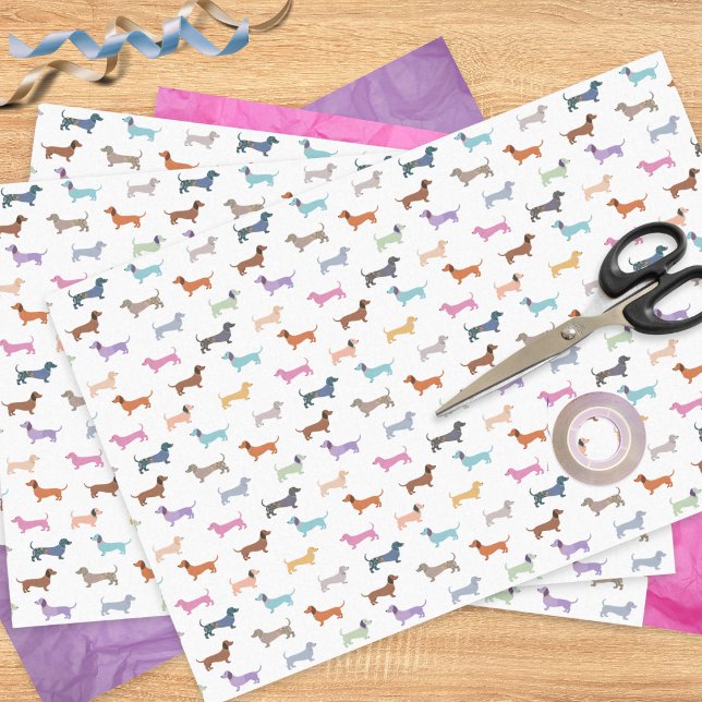 Sausage Dogs Colourful Modern Dachshund Pattern Tissue Paper (Tissue paper for gift wrapping and crafts, featuring a dog themed pattern of colorful dachshunds)