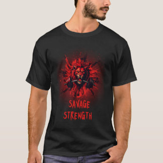 Savage Strength – Roaring Red Lion with Barbell Gy T-Shirt
