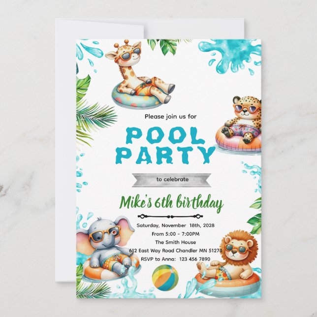 Savanna Animals Pool Party Birthday Invitation (Front)