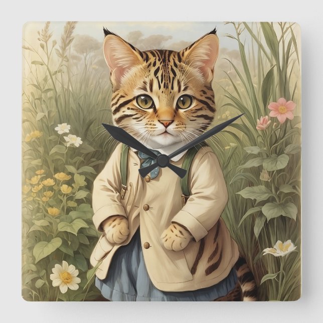 Savanna Cat Square Wall Clock (Front)