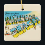Savannah Beach Greeting Postcard Ornament<br><div class="desc">A fun,  colourful retro,  vintage postcard for Savannah Beach,  Georgia repurposed on a ceramic ornament.</div>
