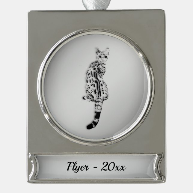 Savannah Cat Silver Name and Year Silver Plated Banner Ornament (Front)