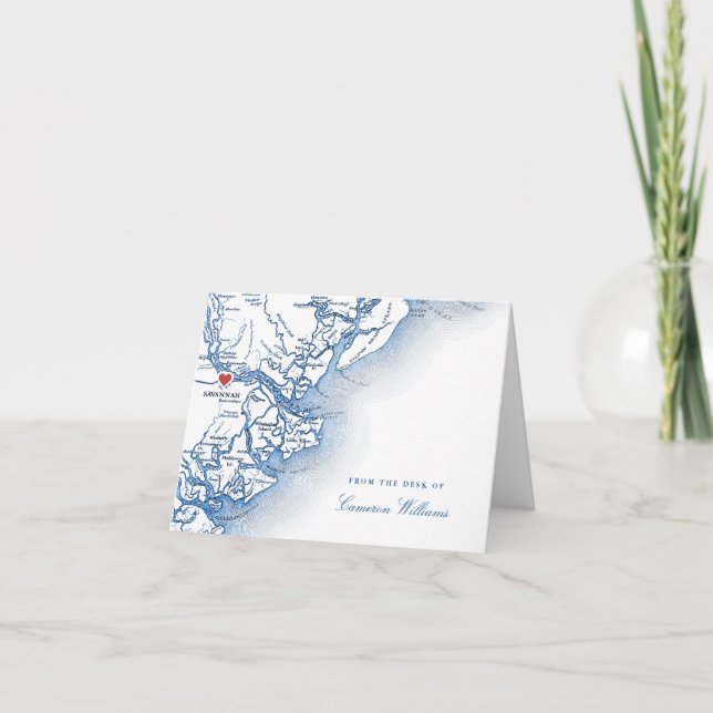 Savannah GA Elegant Navy Blue Desk of Note Card (Front)