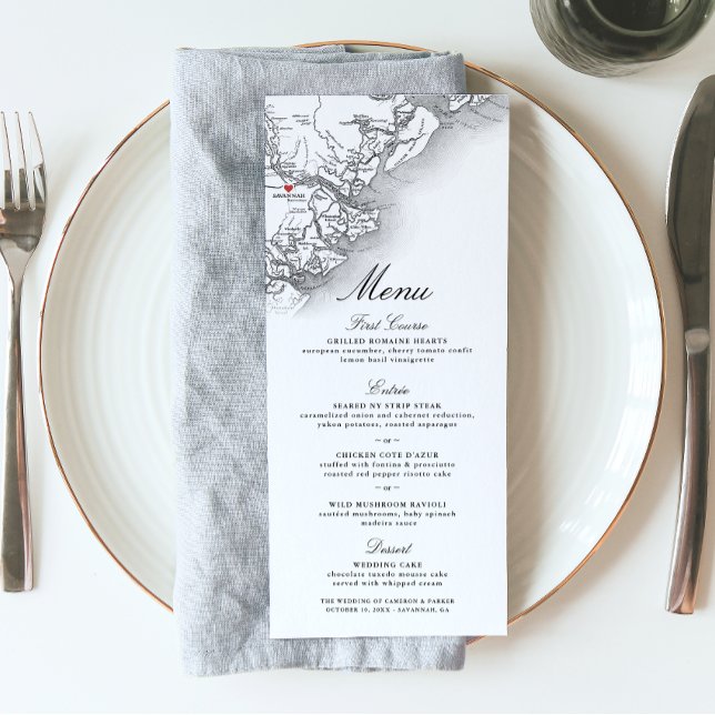 Savannah GA Map Elegant Navy Black White Wedding Menu (Savannah GA Map Wedding Menu in Elegant Black and White from Coastal Map Designs)
