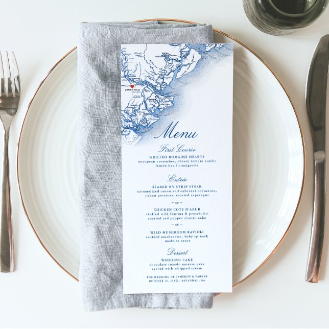 Savannah GA Map Elegant Navy Blue Wedding Menu (Savannah Georgia Map Wedding Menu in Elegant Navy Blue from Coastal Map Designs)