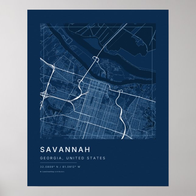 Savannah GA Navy Blue City Map Art Print (Front)