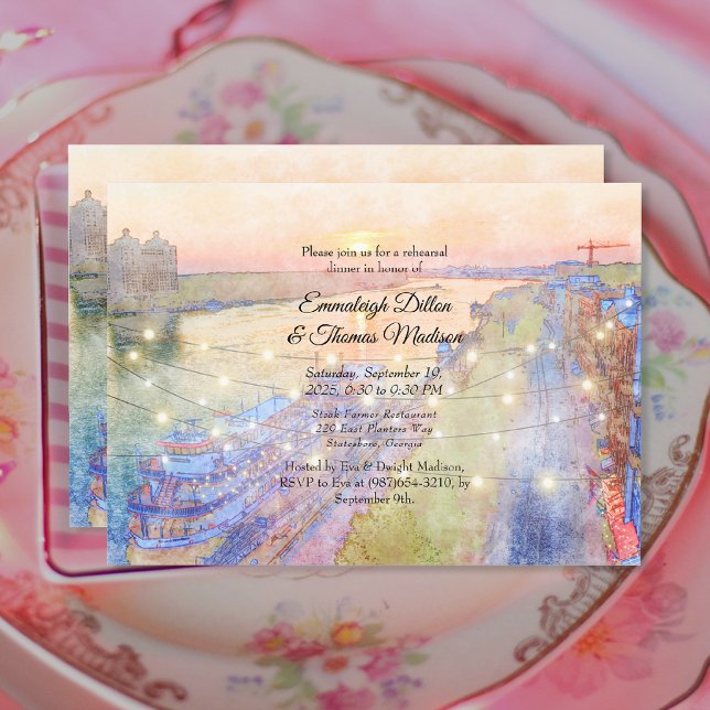 Savannah GA River Street Sunset Rehearsal Dinner Invitation (Creator Uploaded)