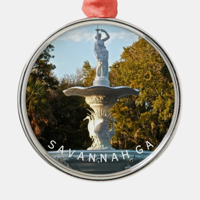 Savannah GA Souvenir | Forsyth Park Fountain Photo Metal Tree Decoration (Front)