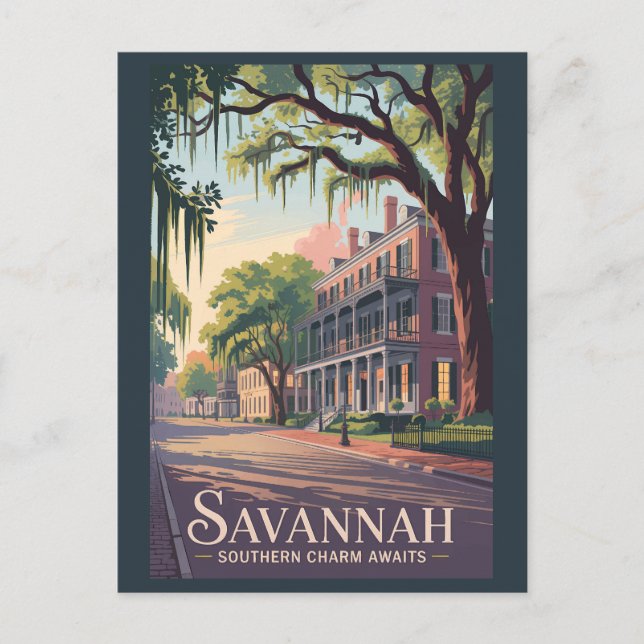 Savannah Georgia Illustration Travel Art Vintage Postcard (Front)