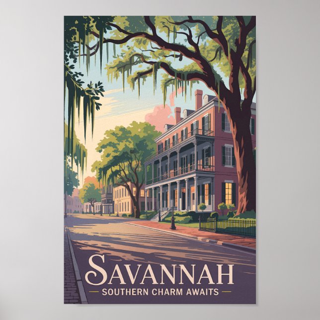 Savannah Georgia Illustration Travel Art Vintage Poster (Front)