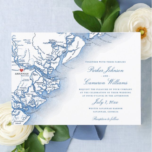 Savannah Georgia Map Elegant Navy Blue Wedding Invitation (Elegant Savannah Georgia Map wedding invitation in navy blue with red heart)