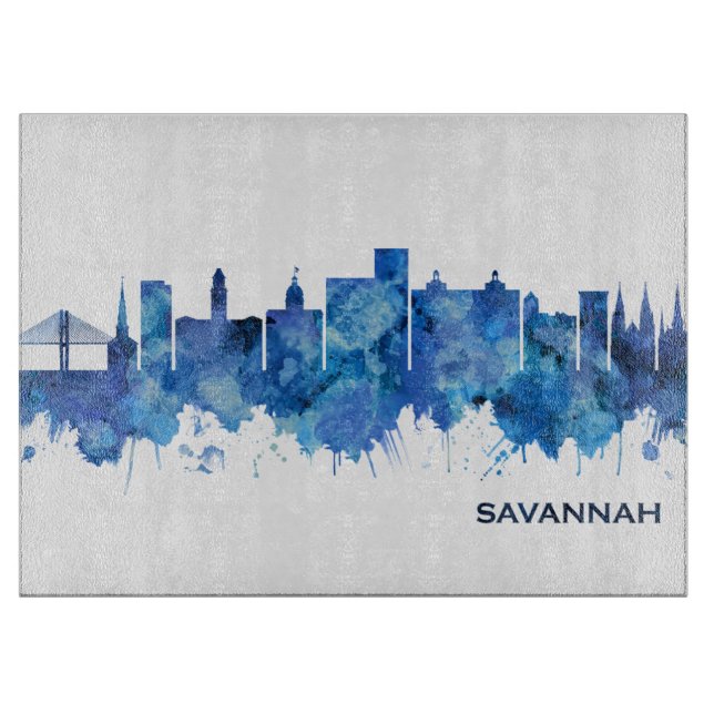 Savannah Georgia Skyline Blue Cutting Board (Front)