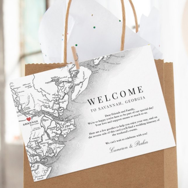 Savannah Georgia Wedding Welcome Itinerary Thank You Card (Elegant Savannah Georgia Welcome Letter wedding itinerary thank you card in black and white )