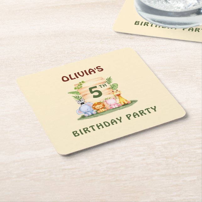 Savannah giraffe lion hippo zebra elephant  square paper coaster (Angled)