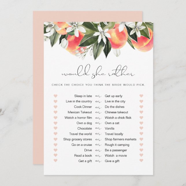 SAVANNAH Peach Would She Rather Bridal Game Invitation (Front/Back)