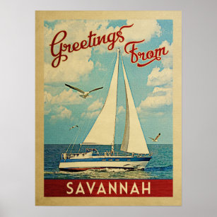 Savannah Poster Sailboat Vintage Travel Georgia