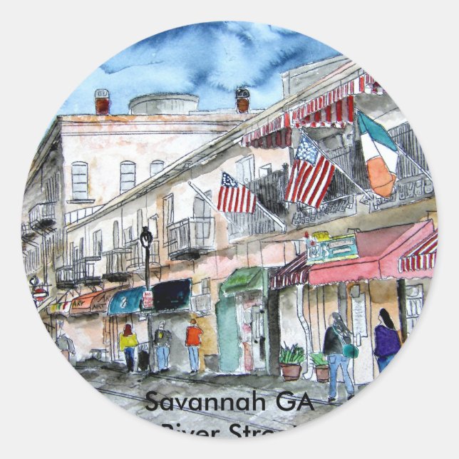 savannah river georgia river street cityscape art classic round sticker (Front)