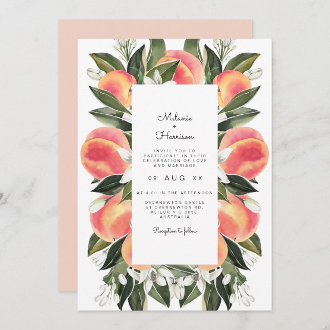 Savannah - Watercolor Peach Botanical Wedding Invitation (Front/Back)