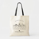 Savannah Wedding | Stylised Skyline Tote Bag<br><div class="desc">A unique wedding tote bag for a wedding taking place in the beautiful city of Savannah,  Georgia.  This tote features a stylised illustration of the city's unique skyline with its name underneath.  This is followed by your wedding day information in a matching open-lined style.</div>