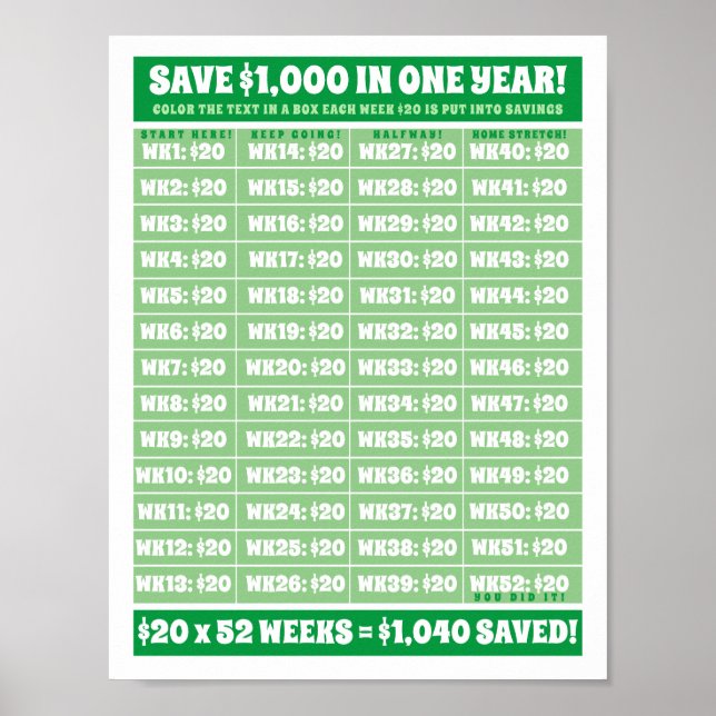 Save $1,000 in One Year! Money Goals Colouring Poster (Front)