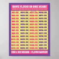 Save $1,000 in One Year! Money Goals Pink & Purple