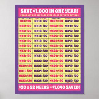 Save $1,000 in One Year! Money Goals Pink & Purple Poster