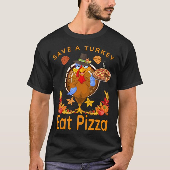 Save a Funny Turkey Pilgrim Eat Pizza Adult Vegan T-Shirt (Front)