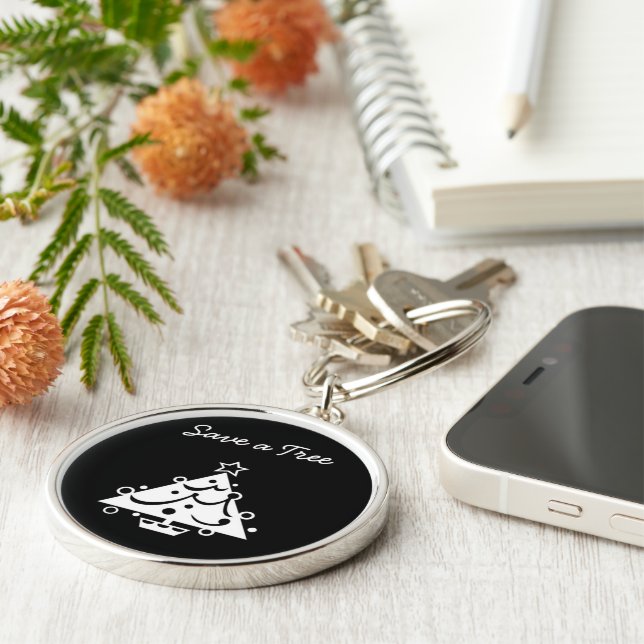 Save a Tree Christmas Tree Star Black and White Key Ring (Side)