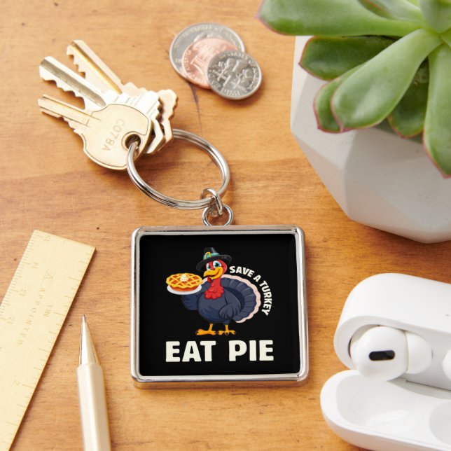 Save A Turkey Eat Pie Funny Happy Thanksgiving Key Ring (Desk)