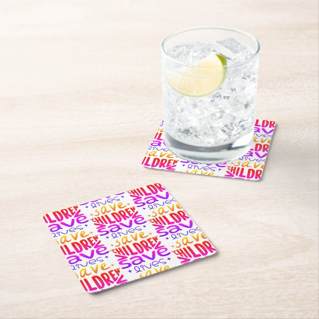 Save Children, Save Lives Square Paper Coaster (Insitu)