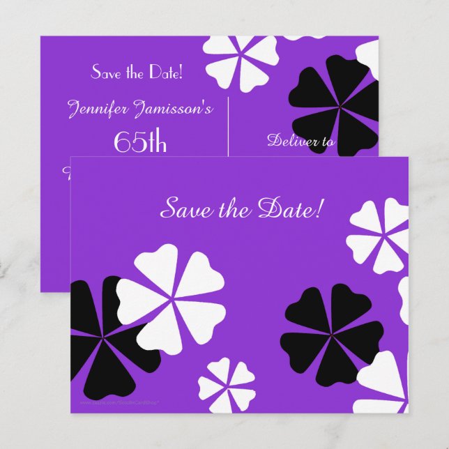 Save Date 65th Birthday Party Purple Announcement  Postcard (Front/Back)