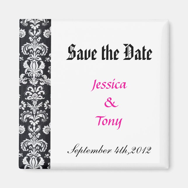save date, black damask magnet (Front)