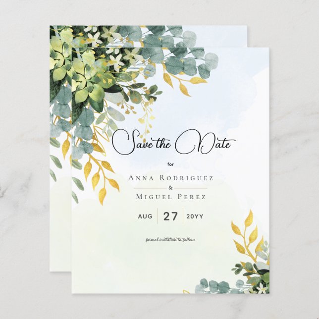 Save Date Eucalyptus Green Gold Wedding Greenery  (Front/Back)
