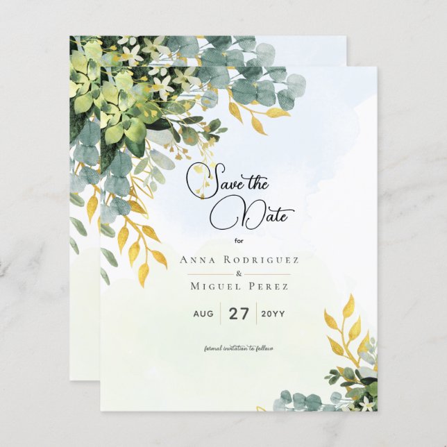 Save Date Eucalyptus Green Gold Wedding Greenery  (Front/Back)