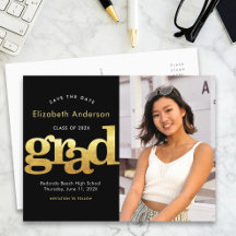 Save date graduation photo gold black typography