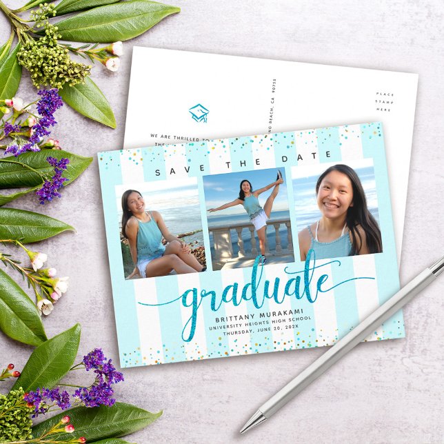 Save date graduation photo modern turquoise script invitation postcard (Creator Uploaded)