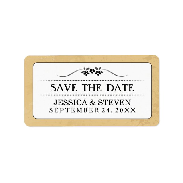 Save Date Label - Tan Black & White Fancy Floral (Front)