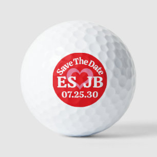 SAVE DATE Red Pink Heart MONOGRAMS Red Background Golf Balls