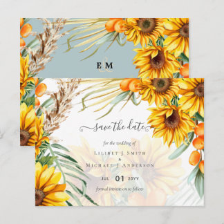 Save Dates Sunflowers Pampas Grass Sage Wedding Postcard