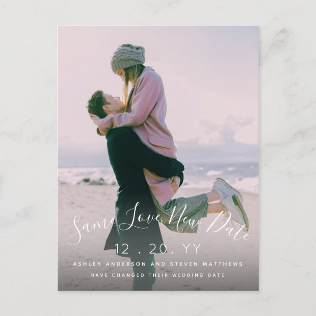 Save Love New Date Script Photo Wedding Postponed Postcard (Front)